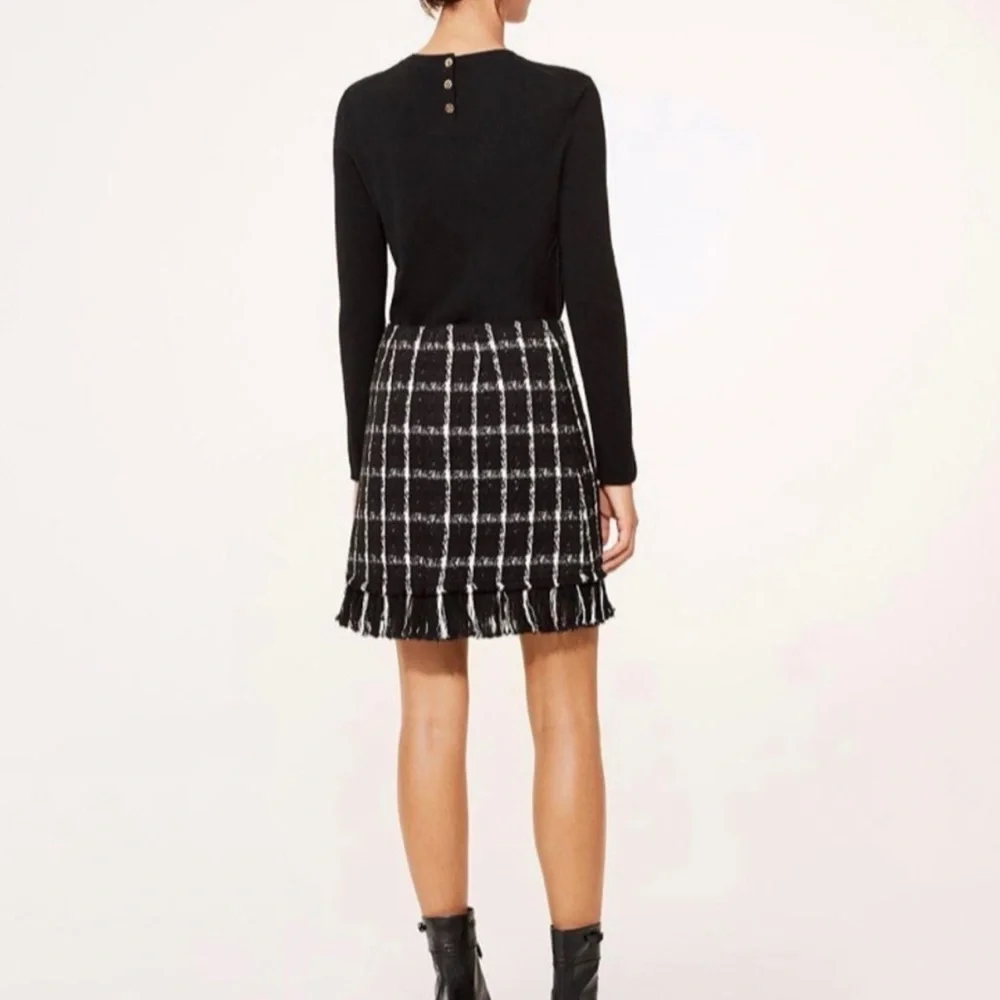 TORY BURCH Marisol Tweed Black & White Mini Skirt w/ Fringe Womens Size 6 EUC